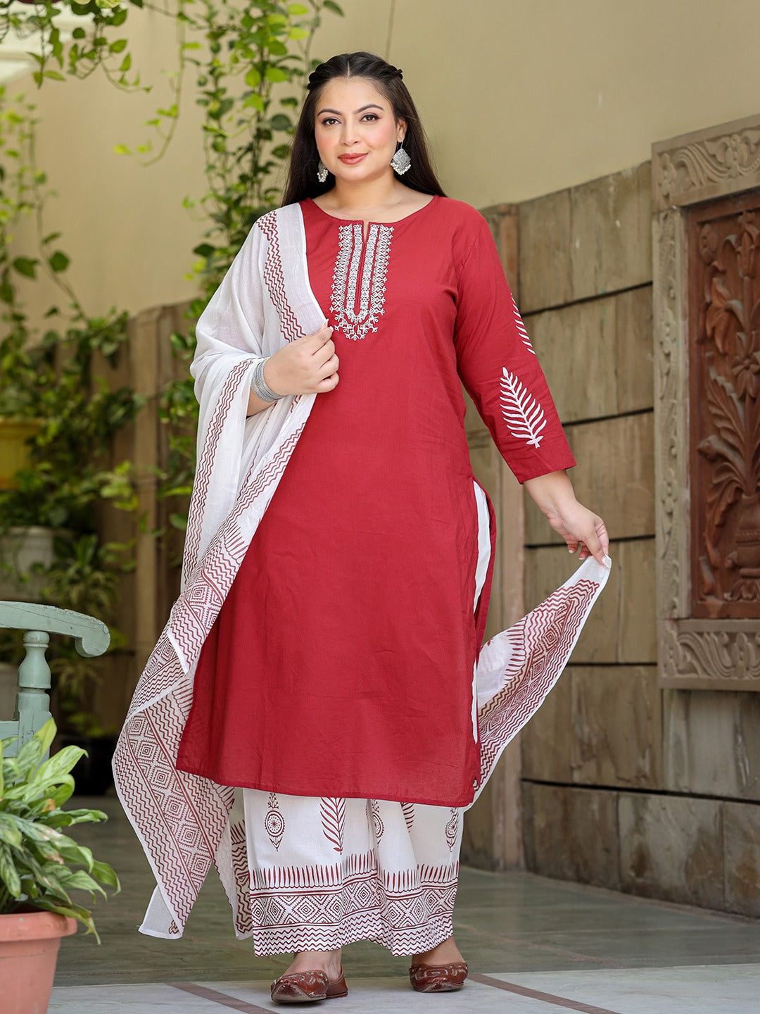 Plus Size Embroidered Cotton Kurta Dupatta Set-Yufta Store-7490PSETMR3XL