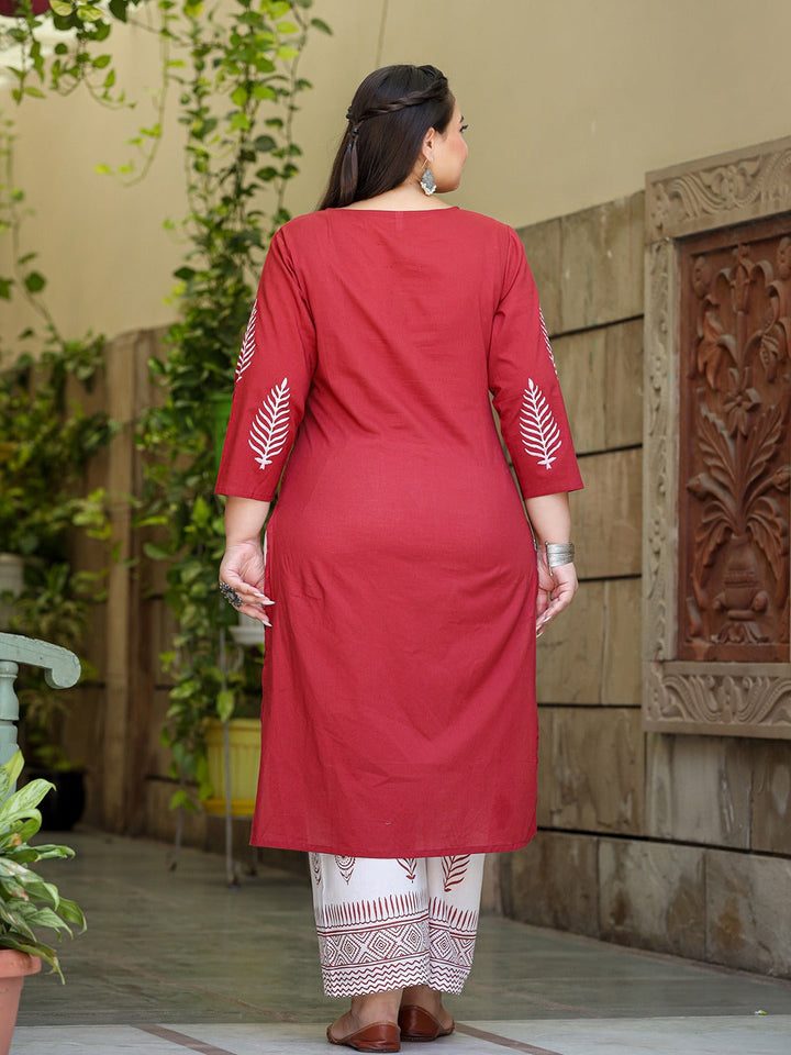 Plus Size Embroidered Cotton Kurta Dupatta Set-Yufta Store-7490PSETMR3XL