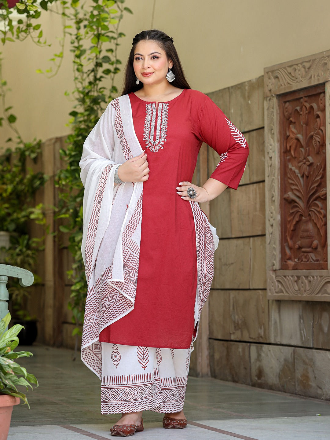 Plus Size Embroidered Cotton Kurta Dupatta Set-Yufta Store-7490PSETMR3XL