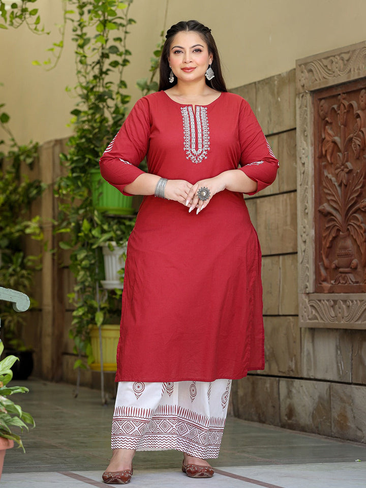 Plus Size Embroidered Cotton Kurta Dupatta Set-Yufta Store-7490PSETMR3XL