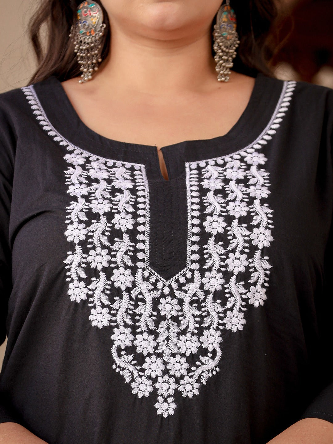 Plus Size Ethnic Motifs Chikankari Embroidered Pure Cotton Kurta-Yufta Store-1497PKURBK3XL