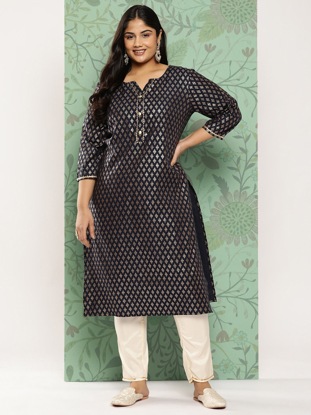 Navy Blue Ethnic Motifs Printed Plus Size Kurti-Yufta Store-1277PKURNB3XL