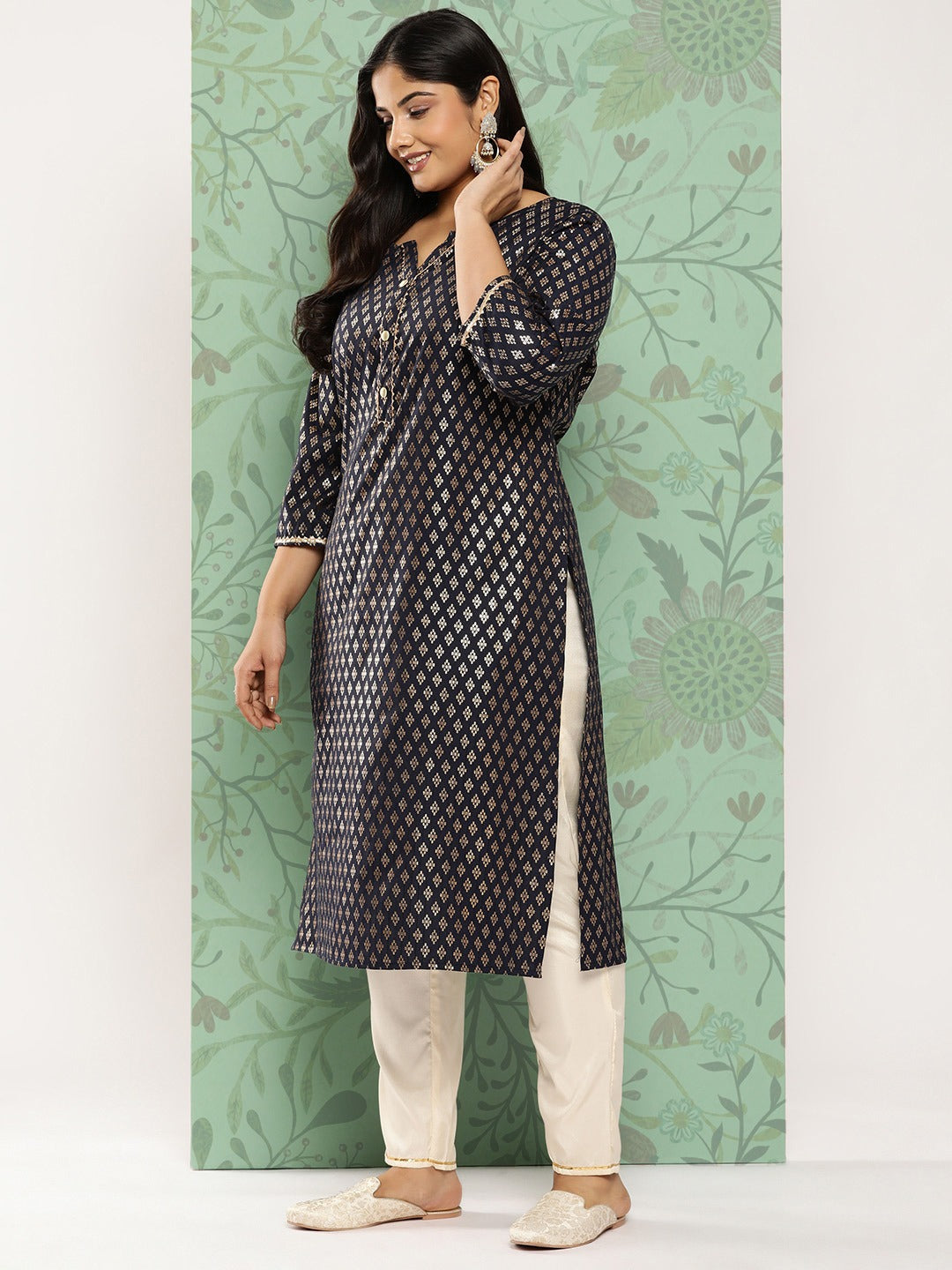 Navy Blue Ethnic Motifs Printed Plus Size Kurti-Yufta Store-1277PKURNB3XL