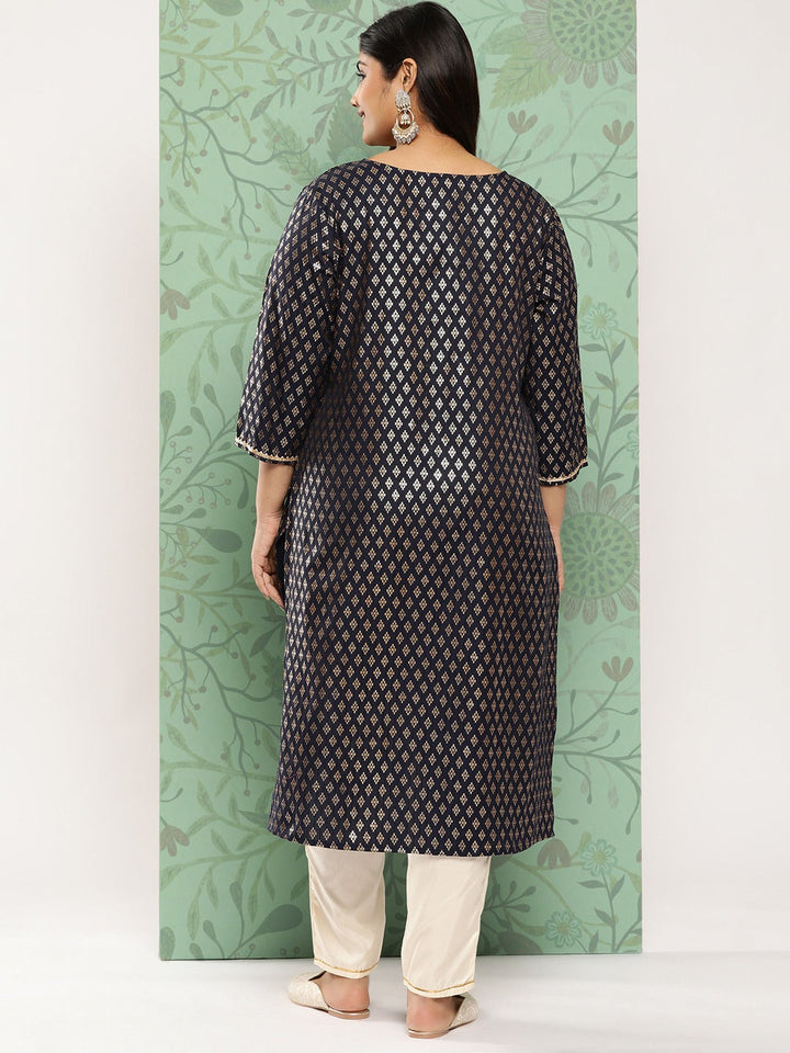 Navy Blue Ethnic Motifs Printed Plus Size Kurti-Yufta Store-1277PKURNB3XL