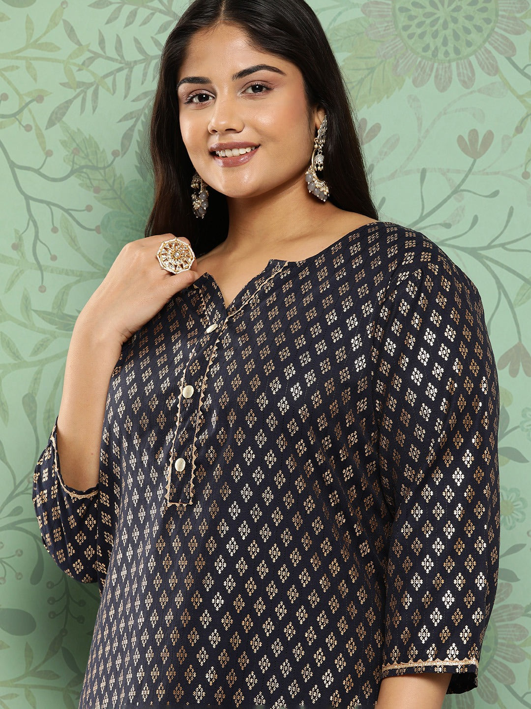 Navy Blue Ethnic Motifs Printed Plus Size Kurti-Yufta Store-1277PKURNB3XL