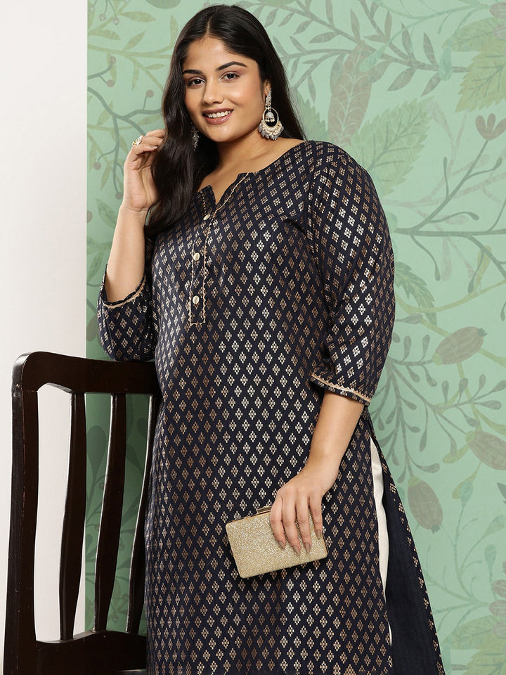 Navy Blue Ethnic Motifs Printed Plus Size Kurti-Yufta Store-1277PKURNB3XL