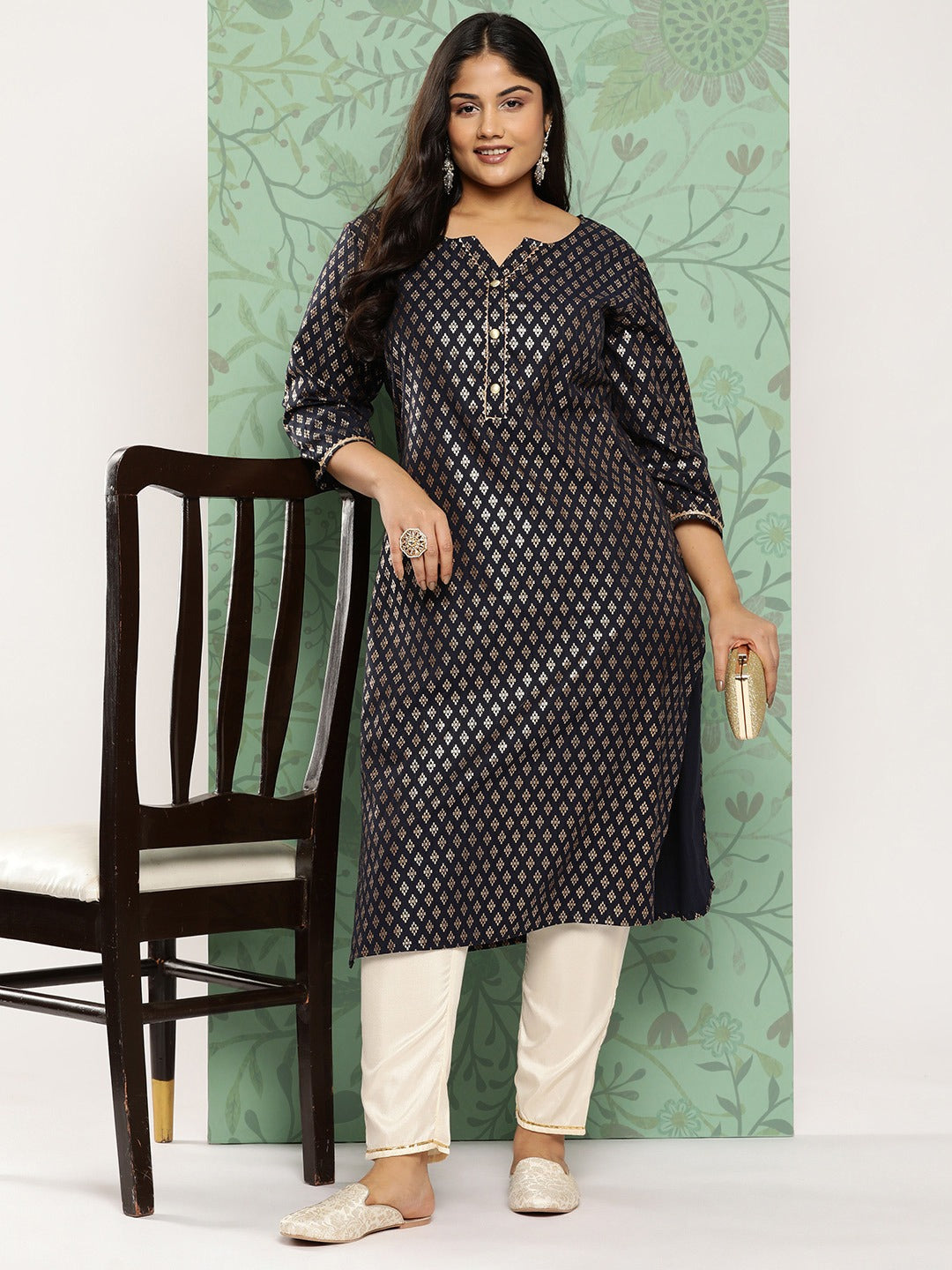 Navy Blue Ethnic Motifs Printed Plus Size Kurti-Yufta Store-1277PKURNB3XL