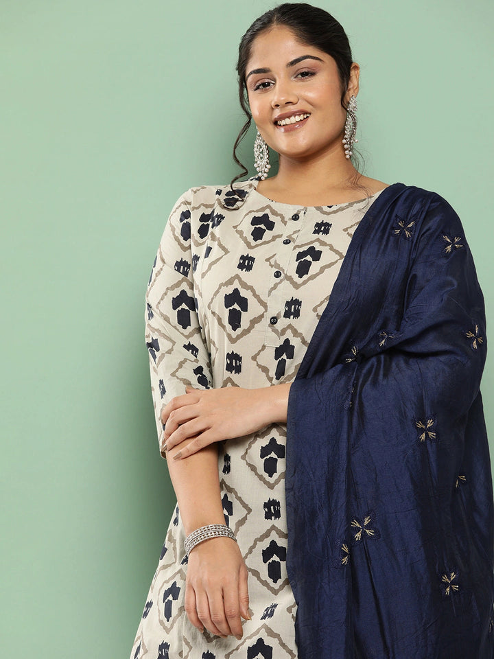 Plus Size Ethnic Motifs Printed Pure Cotton Kurta with Palazzos & With Dupatta-Yufta Store-1555PSKDBG3XL