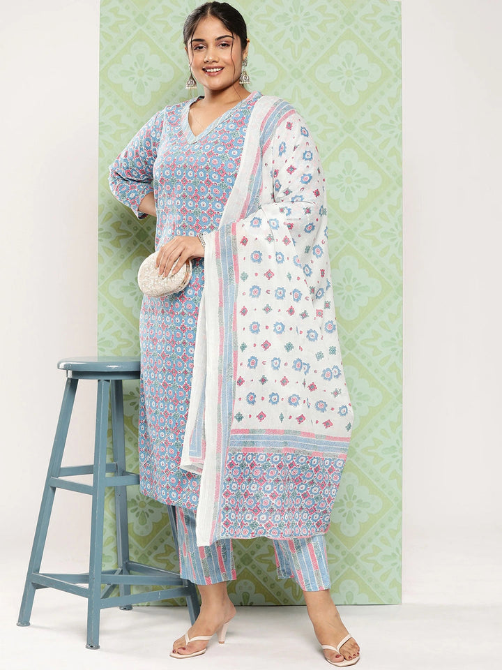 Plus Size Ethnic Motifs Printed Pure Cotton Kurta with Trousers & Dupatta-Yufta Store-9759PSKDBL3XL