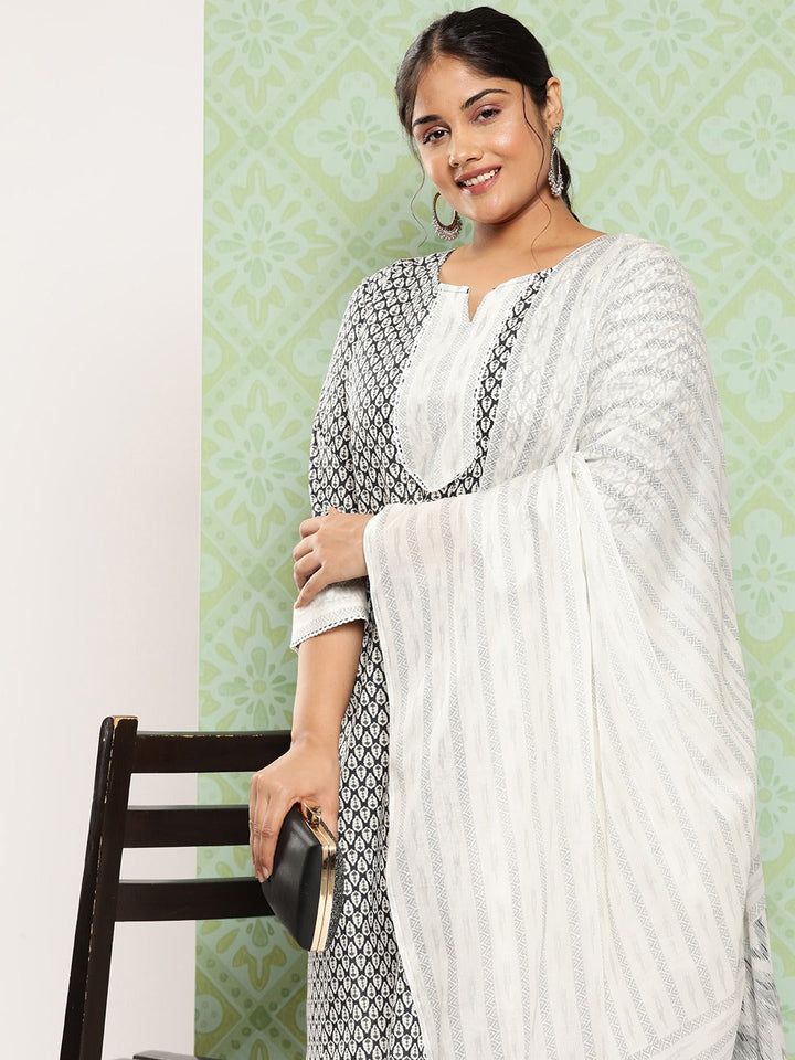 Plus Size Ethnic Motifs Printed Pure Cotton Kurta with Trousers & With Dupatta-Yufta Store-9386PSKDWH3XL