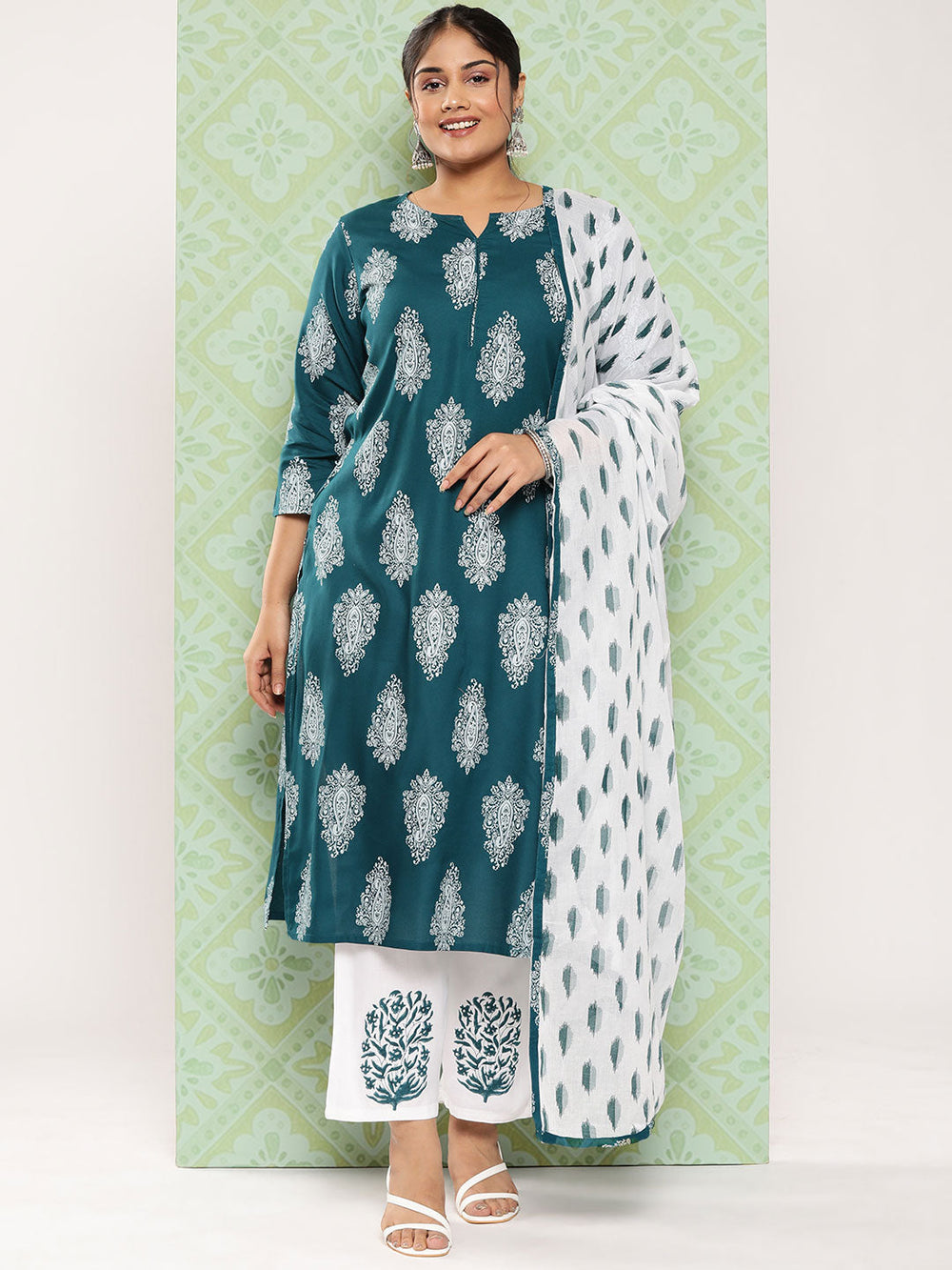 Plus Size Ethnic Motifs Printed Regular Kurta with Palazzos & Dupatta-Yufta Store-7298PSKDTG3XL