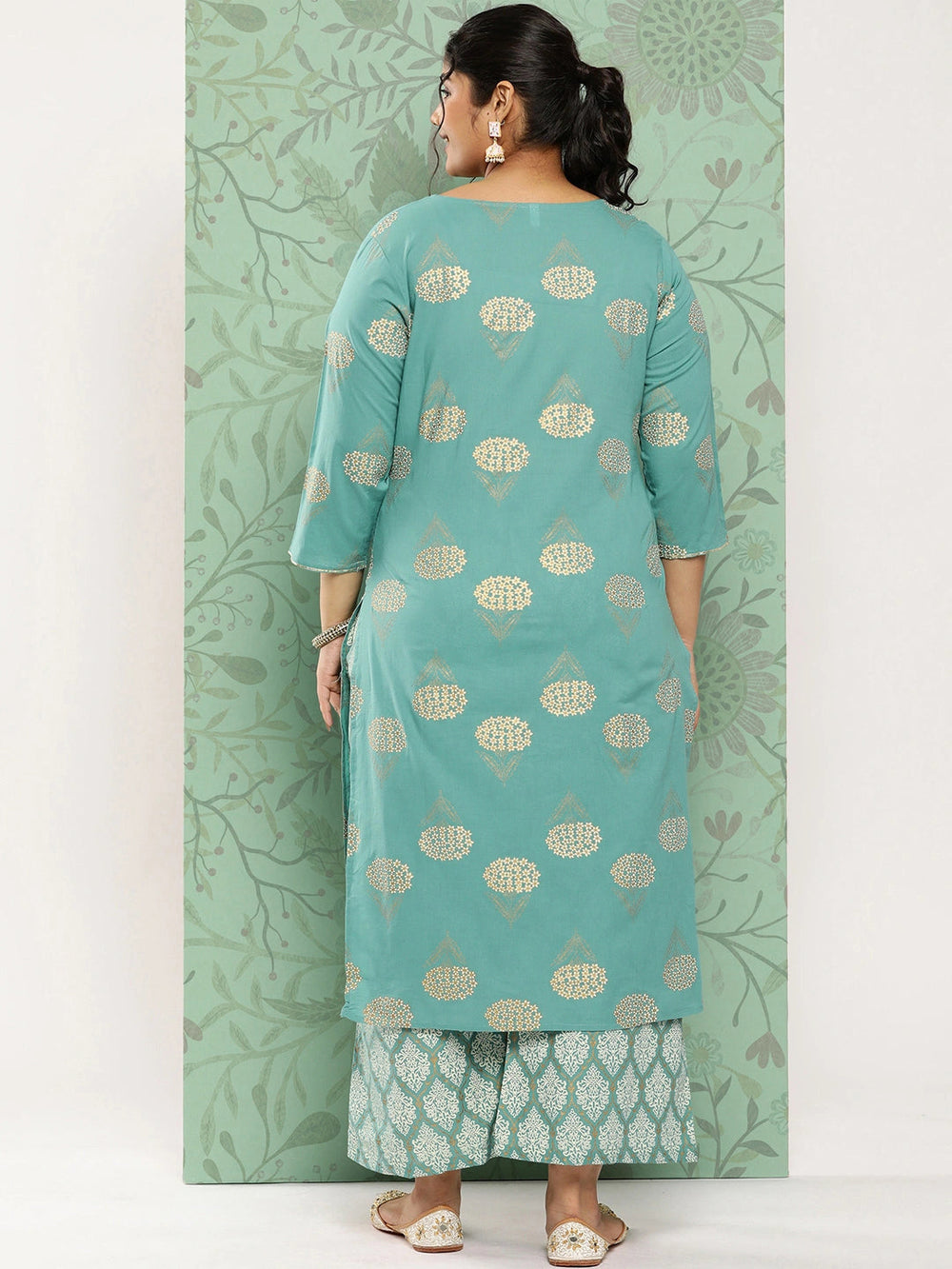 Plus Size Ethnic Motifs Printed Regular Pure Cotton Kurta with Palazzos-Yufta Store-702PSETBL3XL