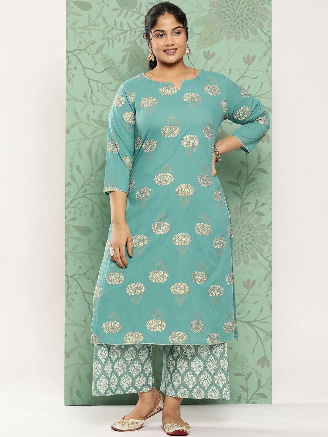 Plus Size Ethnic Motifs Printed Regular Pure Cotton Kurta with Palazzos-Yufta Store-702PSETBL3XL