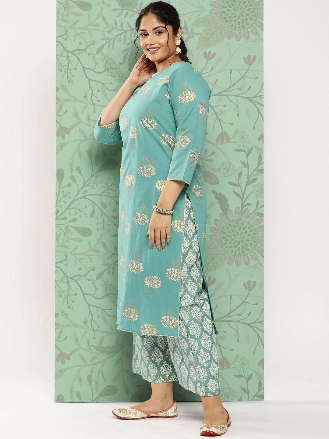 Plus Size Ethnic Motifs Printed Regular Pure Cotton Kurta with Palazzos-Yufta Store-702PSETBL3XL