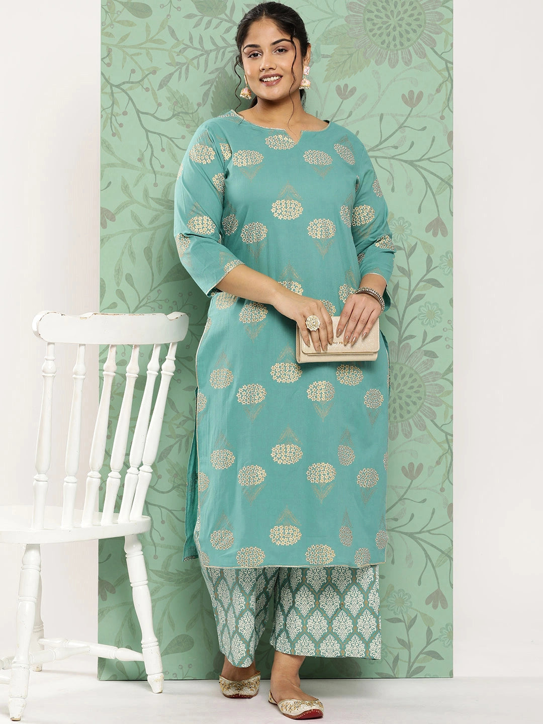 Plus Size Ethnic Motifs Printed Regular Pure Cotton Kurta with Palazzos-Yufta Store-702PSETBL3XL