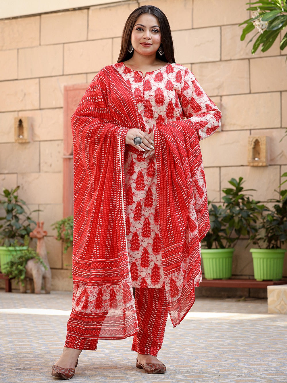 Plus Size Ethnic Motifs Printed Regular Pure Cotton Kurta with Trousers & Dupatta-Yufta Store-1640PSKDRD3XL