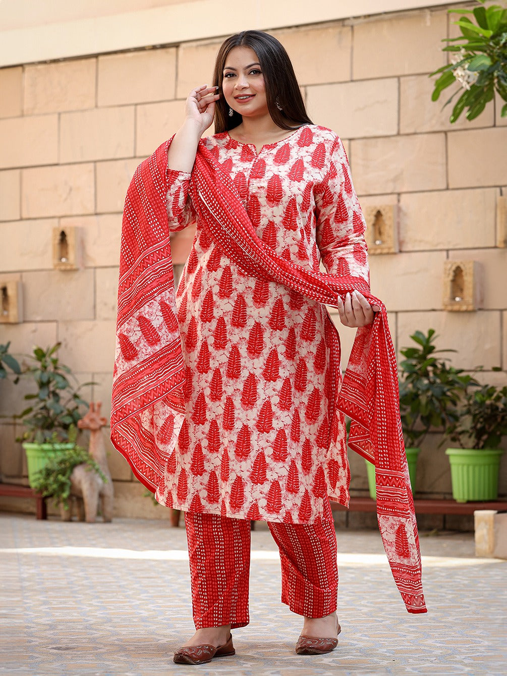 Plus Size Ethnic Motifs Printed Regular Pure Cotton Kurta with Trousers & Dupatta-Yufta Store-1640PSKDRD3XL