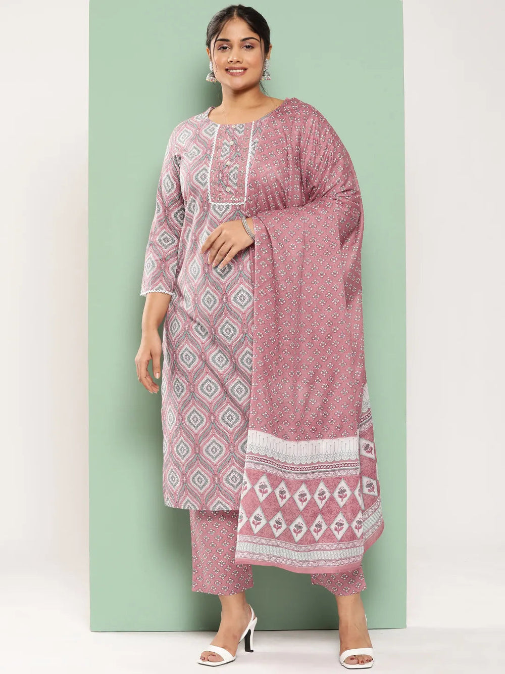 Plus Size Ethnic Motifs Printed Regular Sequined Pure Cotton Kurta Set-Yufta Store-1113PSKDPK3XL