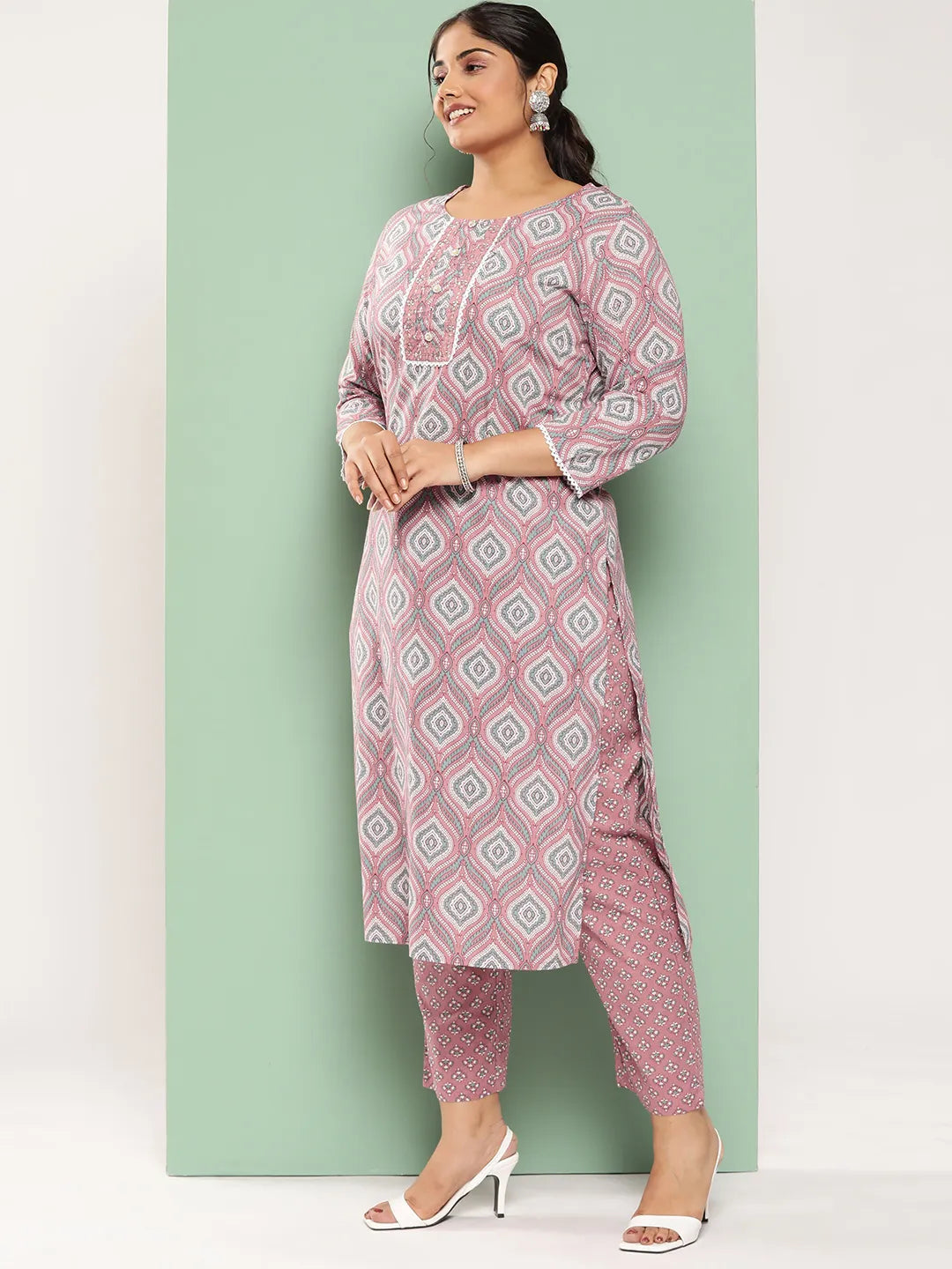 Plus Size Ethnic Motifs Printed Regular Sequined Pure Cotton Kurta Set-Yufta Store-1113PSKDPK3XL