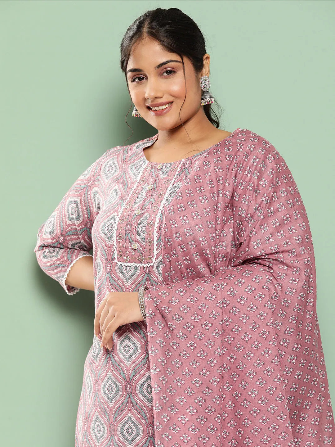 Plus Size Ethnic Motifs Printed Regular Sequined Pure Cotton Kurta Set-Yufta Store-1113PSKDPK3XL