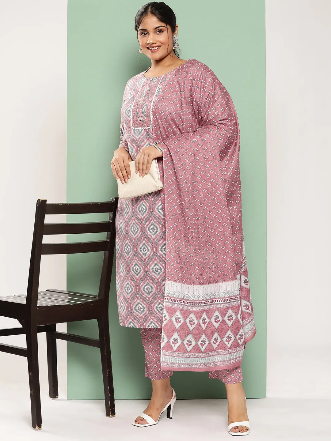 Plus Size Ethnic Motifs Printed Regular Sequined Pure Cotton Kurta Set-Yufta Store-1113PSKDPK3XL