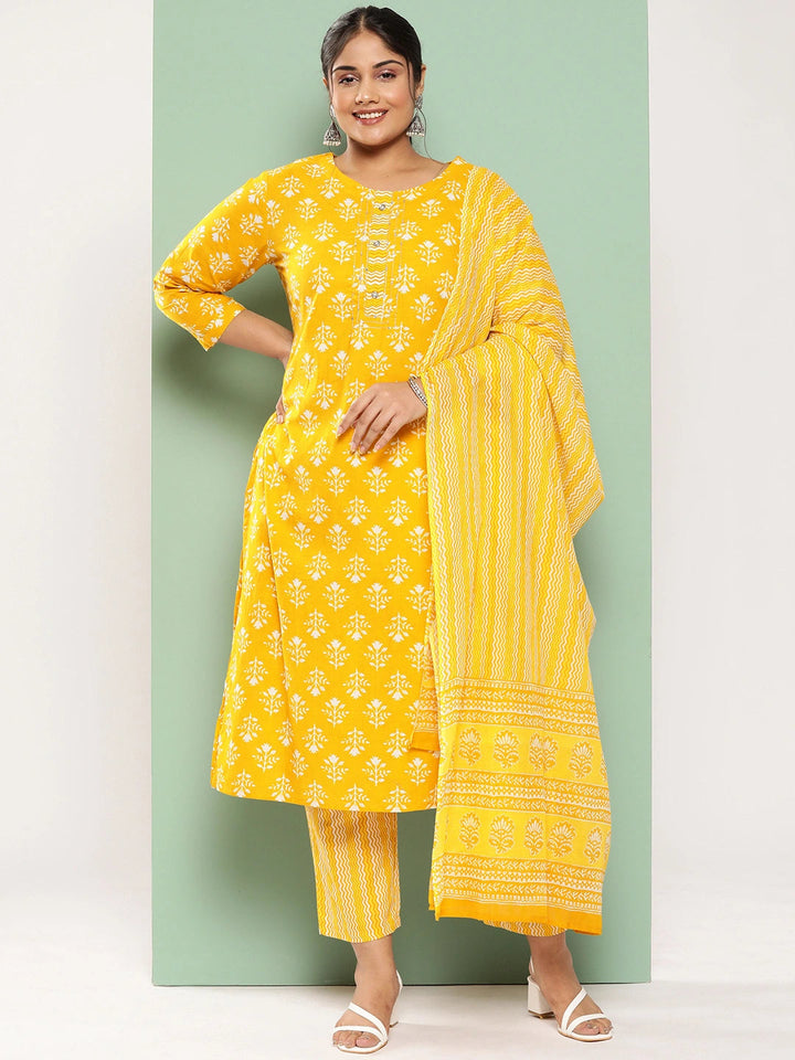 Plus Size Ethnic Motifs Printed Sequined Pure Cotton Kurta with Trousers & Dupatta-Yufta Store-9723PSKDMS3XL