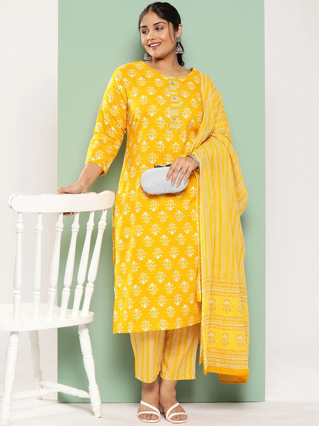 Plus Size Ethnic Motifs Printed Sequined Pure Cotton Kurta with Trousers & Dupatta-Yufta Store-9723PSKDMS3XL