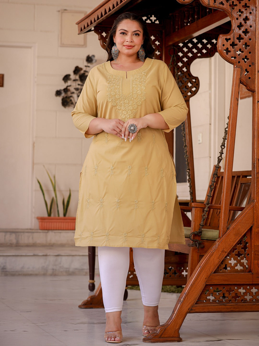 Beige Floral Printed Plus Size Chikankari Kurti-Yufta Store-1285PKURBG3XL