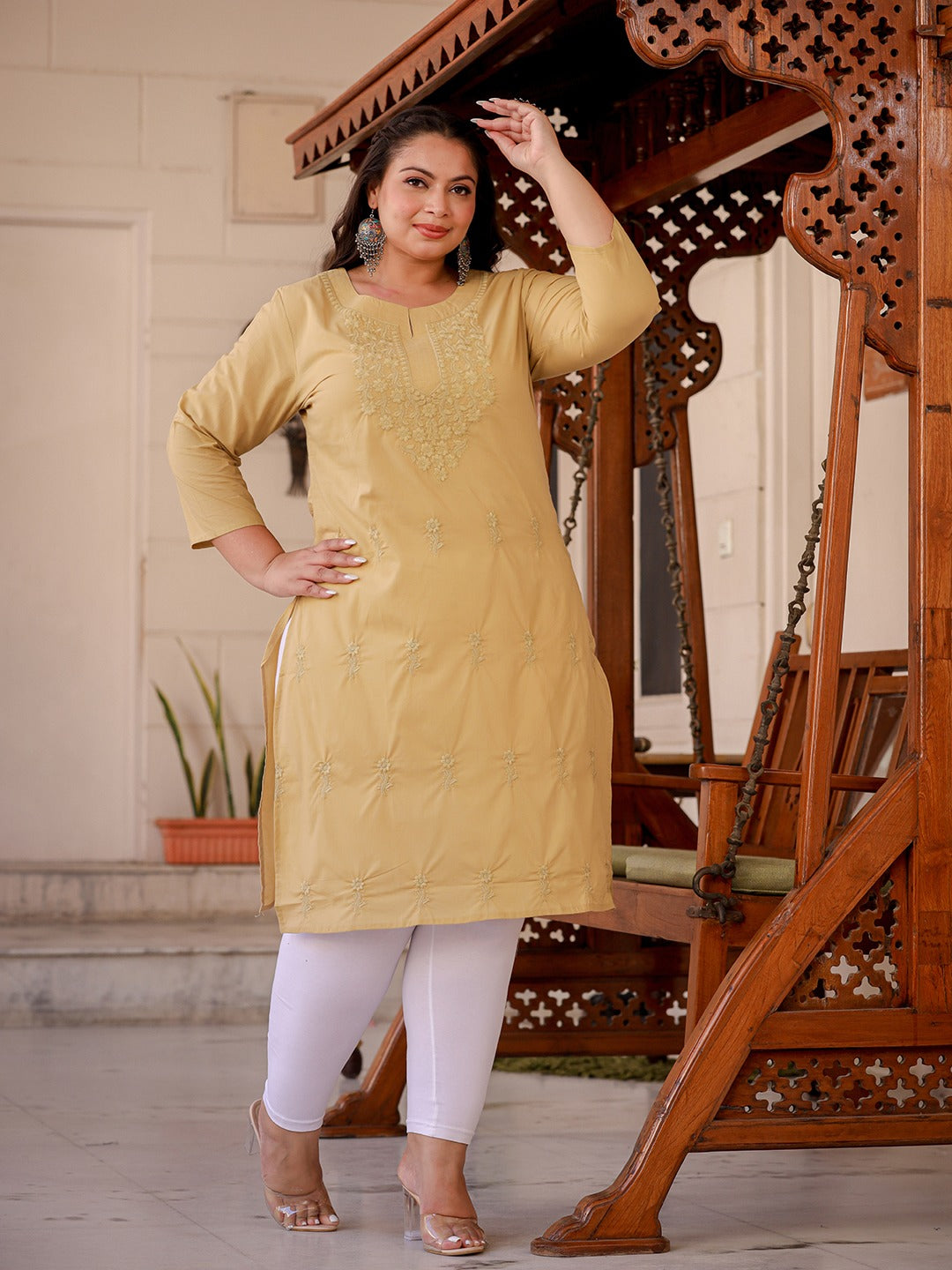 Beige Floral Printed Plus Size Chikankari Kurti-Yufta Store-1285PKURBG3XL