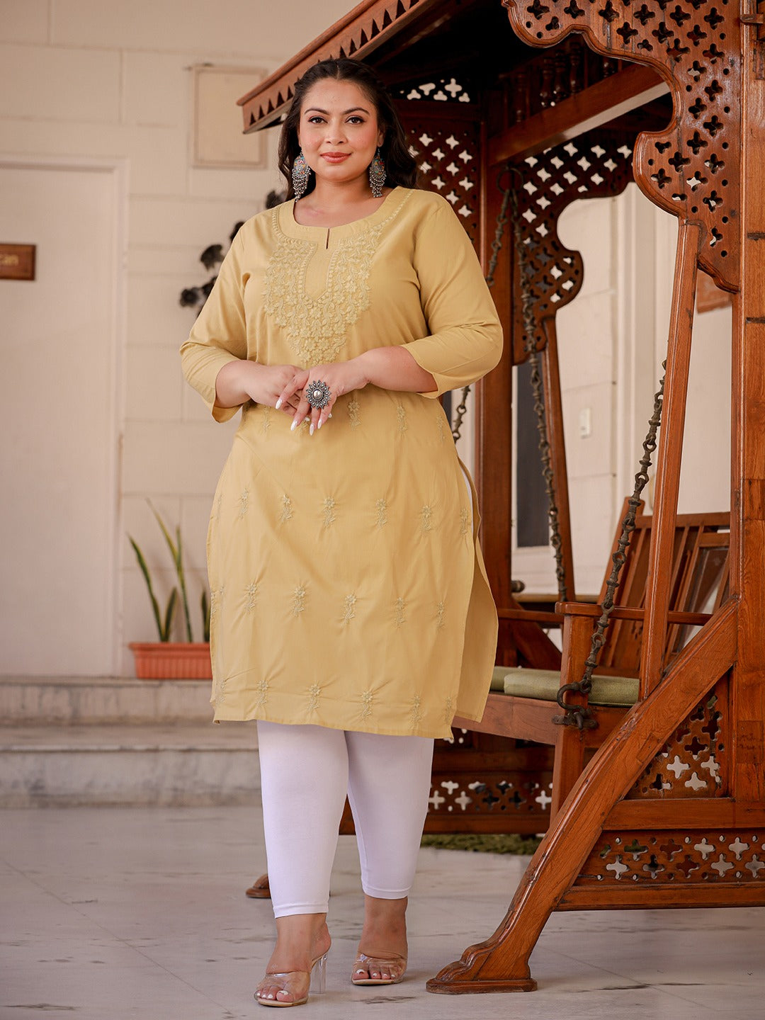 Beige Floral Printed Plus Size Chikankari Kurti-Yufta Store-1285PKURBG3XL