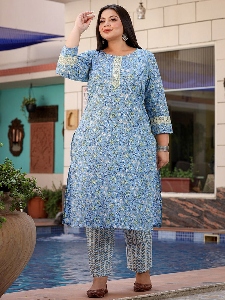 Plus Size Floral Cotton Kurta Dupatta Set-Yufta Store-1119PSKDSB3XL