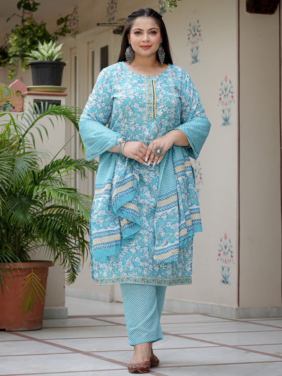 Plus Size Floral Cotton Kurta Dupatta Set-Yufta Store-1123PSKDSB3XL