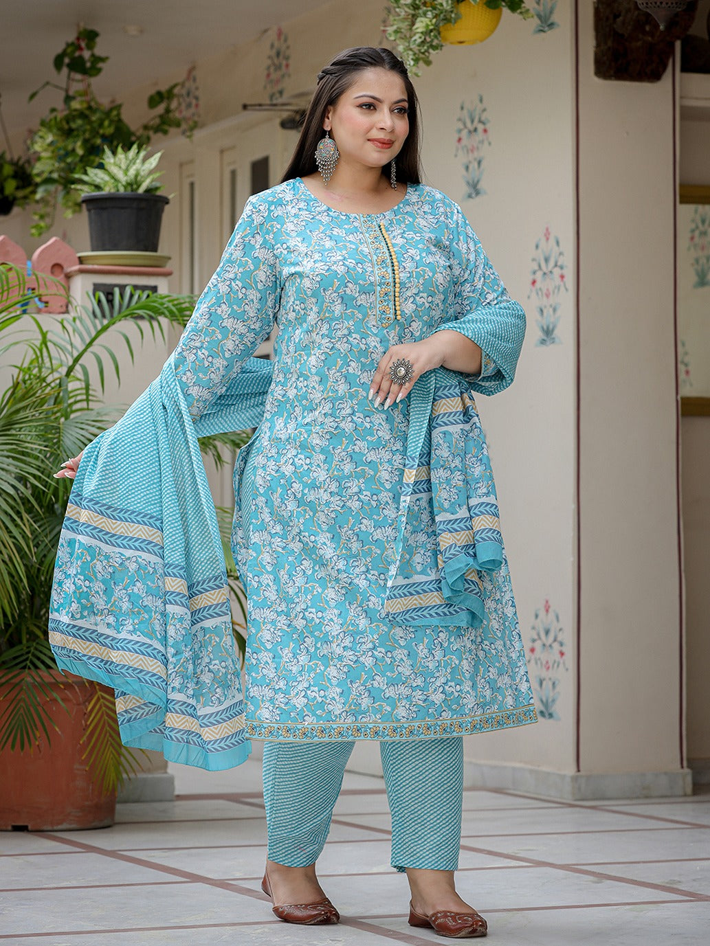 Plus Size Floral Cotton Kurta Dupatta Set-Yufta Store-1123PSKDSB3XL