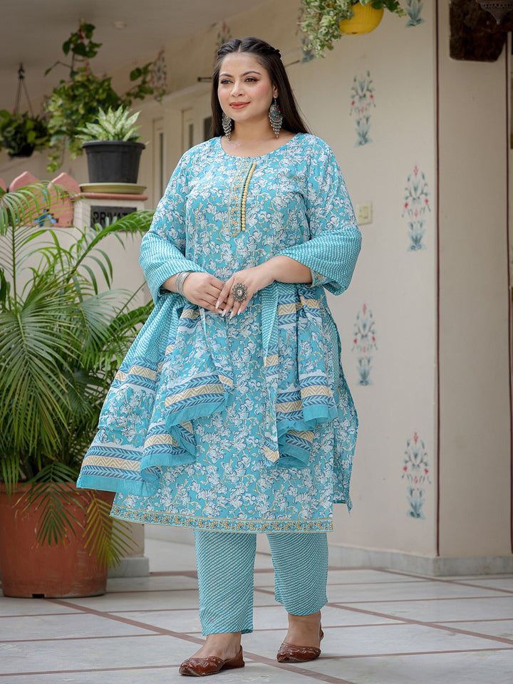 Plus Size Floral Cotton Kurta Dupatta Set-Yufta Store-1123PSKDSB3XL