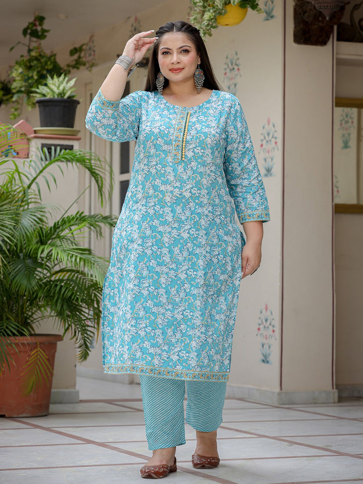 Plus Size Floral Cotton Kurta Dupatta Set-Yufta Store-1123PSKDSB3XL