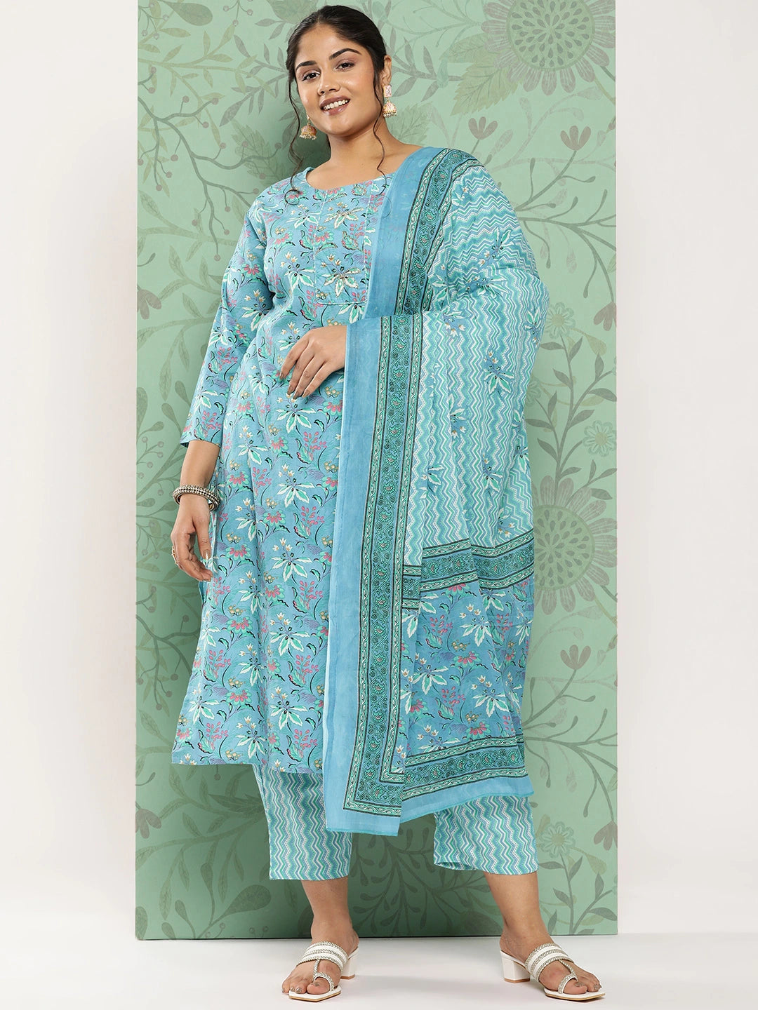 Plus Size Floral Cotton Kurta Dupatta Set-Yufta Store-1232PSKDBL3XL