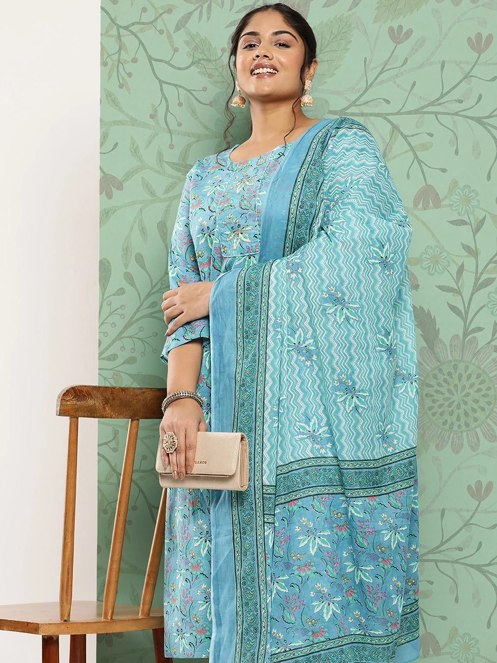 Plus Size Floral Cotton Kurta Dupatta Set-Yufta Store-1232PSKDBL3XL