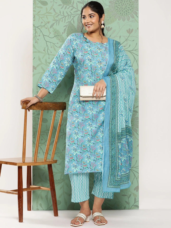 Plus Size Floral Cotton Kurta Dupatta Set-Yufta Store-1232PSKDBL3XL