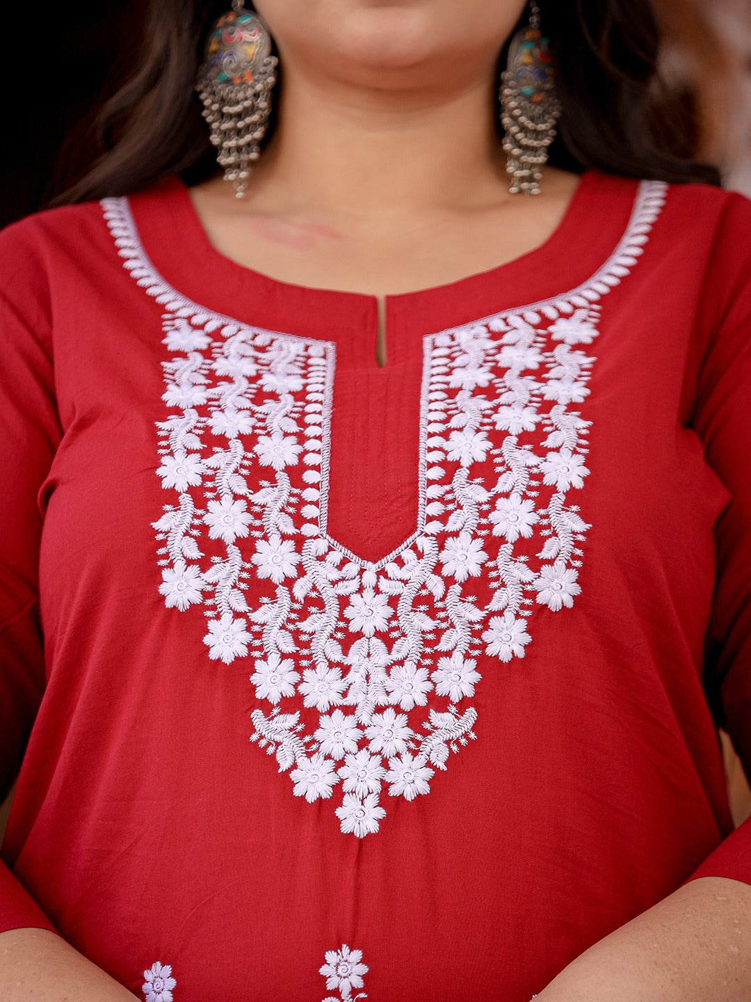 Plus Size Floral Embroidered Chikankari Pure Cotton Kurta-Yufta Store-1497PKURMR3XL
