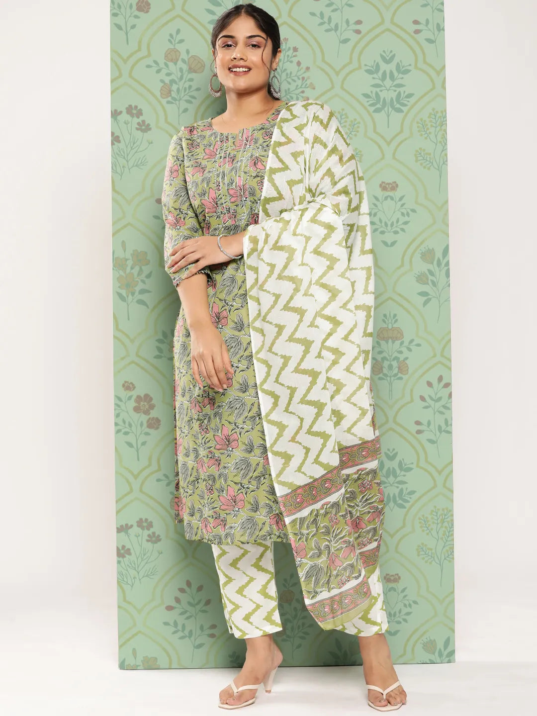 Plus Size Floral Printed Gotta Patti Pure Cotton Kurta with Trousers & Dupatta-Yufta Store-9797PSKDGR3XL