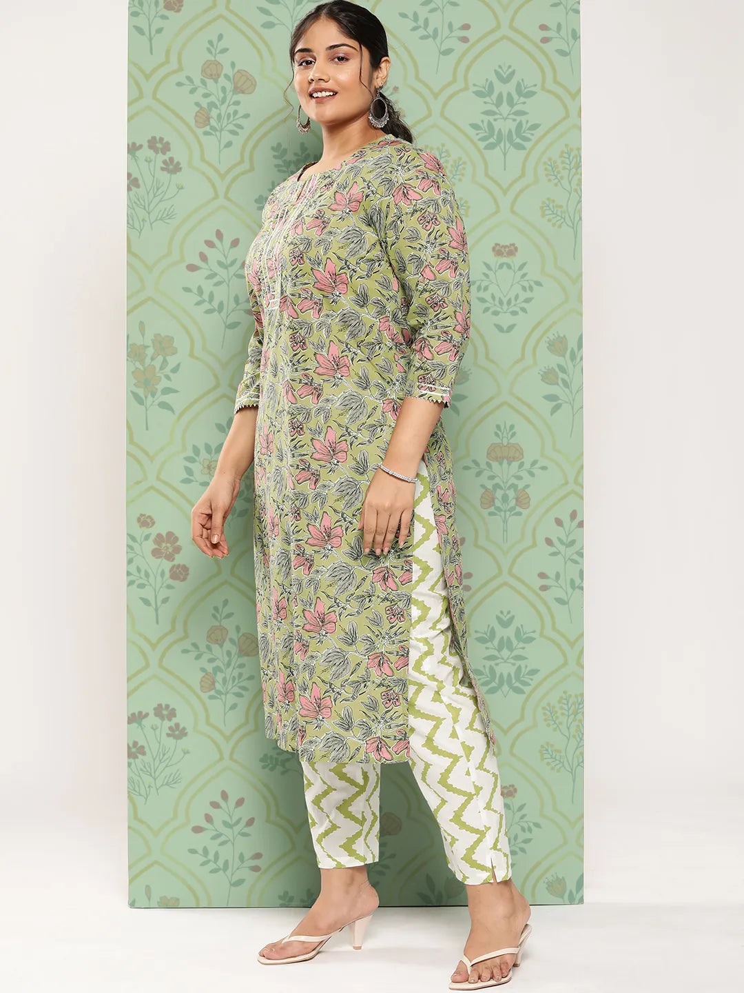 Plus Size Floral Printed Gotta Patti Pure Cotton Kurta with Trousers & Dupatta-Yufta Store-9797PSKDGR3XL