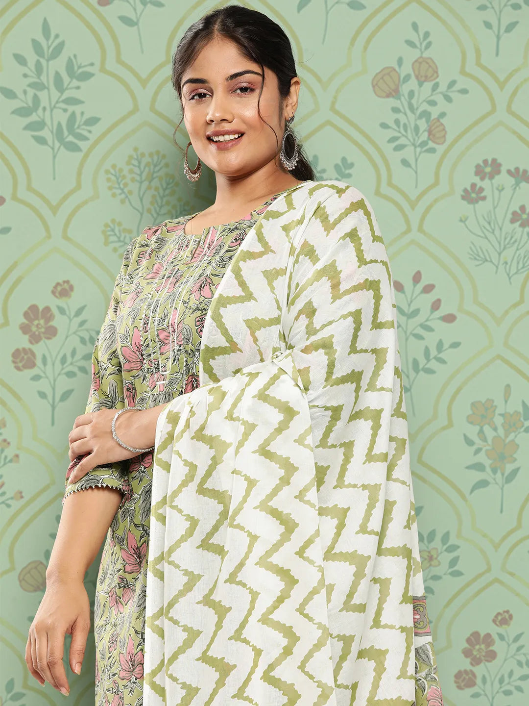 Plus Size Floral Printed Gotta Patti Pure Cotton Kurta with Trousers & Dupatta-Yufta Store-9797PSKDGR3XL