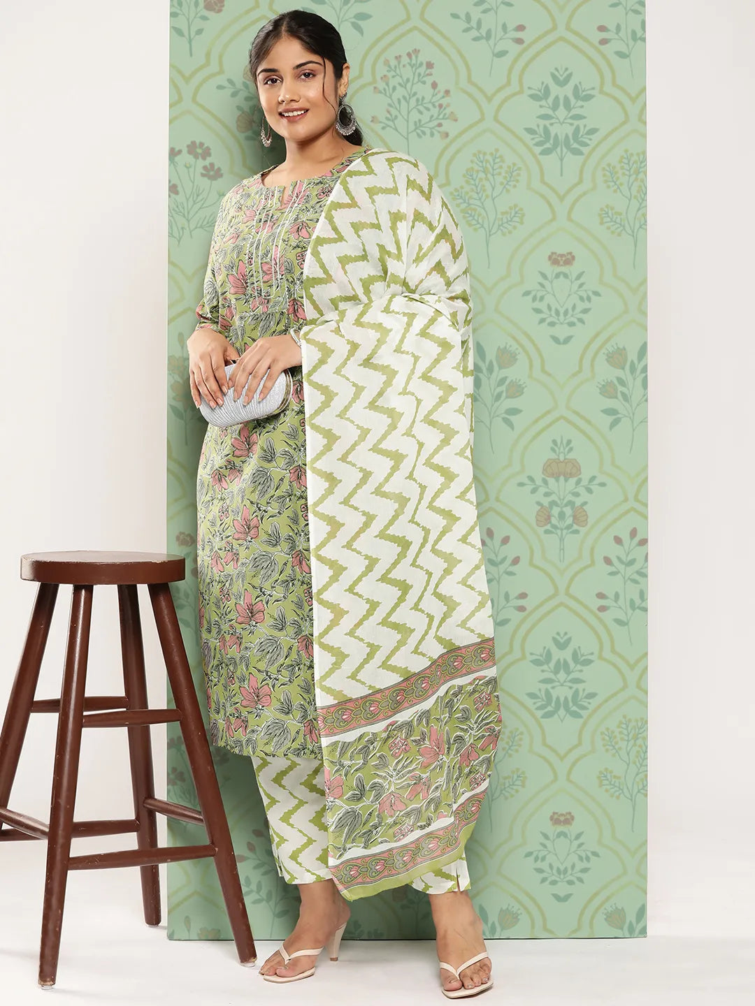 Plus Size Floral Printed Gotta Patti Pure Cotton Kurta with Trousers & Dupatta-Yufta Store-9797PSKDGR3XL