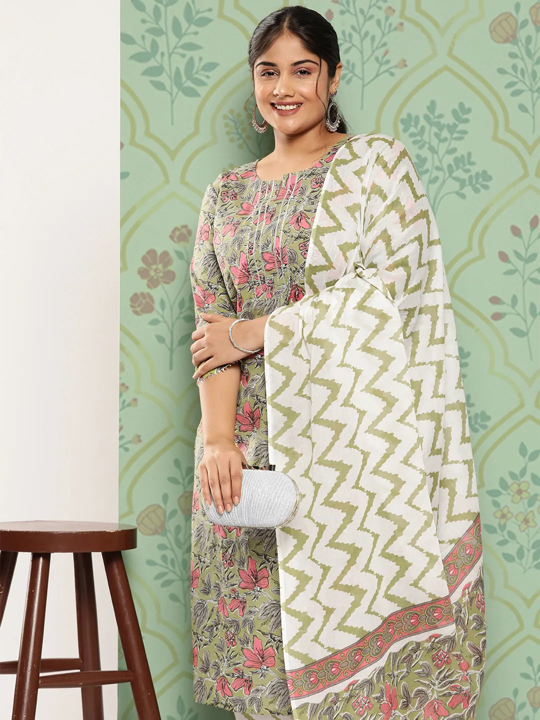 Plus Size Floral Printed Gotta Patti Pure Cotton Kurta with Trousers & Dupatta-Yufta Store-9797PSKDGR3XL