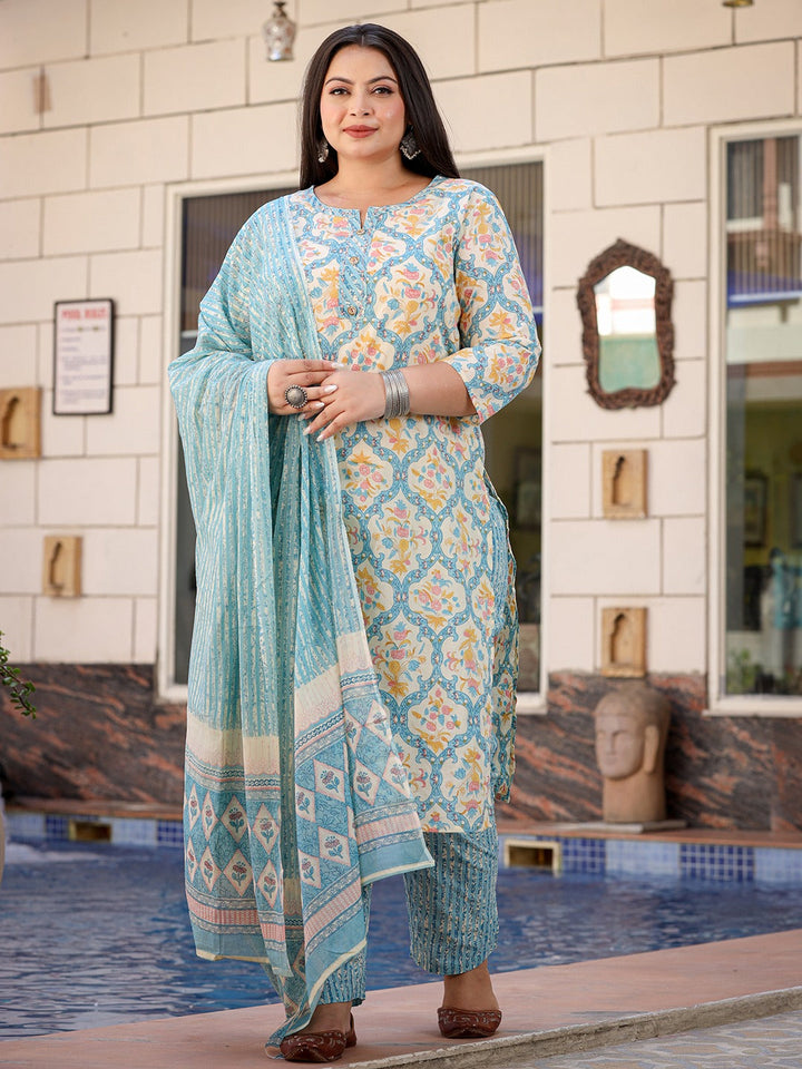 Plus Size Floral Printed Kantha Work Pure Cotton Kurta with Trousers & Dupatta-Yufta Store-1111PSKDSB3XL