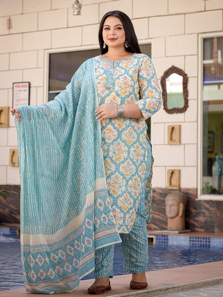 Plus Size Floral Printed Kantha Work Pure Cotton Kurta with Trousers & Dupatta-Yufta Store-1111PSKDSB3XL