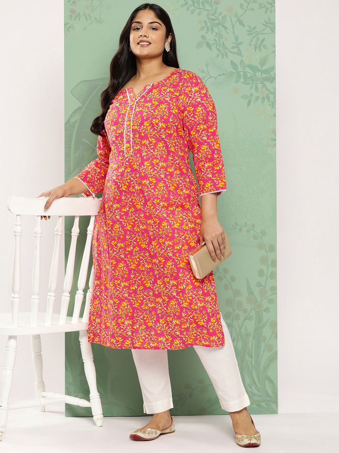 Pink & Yellow Plus Size Kurta For Women-Yufta Store-1279PKURPK3XL