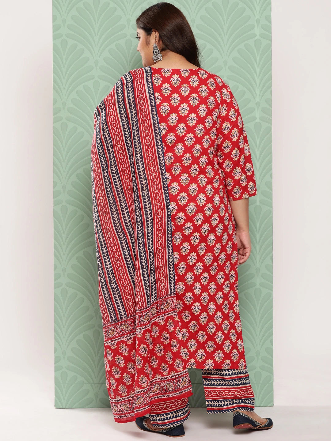 Plus Size Floral Printed Pure Cotton Kurta with Trousers & Dupatta-Yufta Store-1393PSKDRD3XL