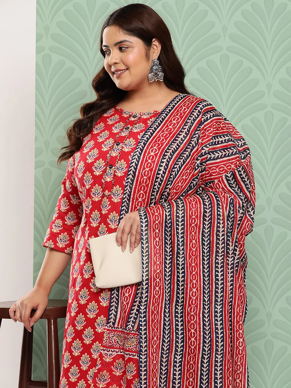 Plus Size Floral Printed Pure Cotton Kurta with Trousers & Dupatta-Yufta Store-1393PSKDRD3XL