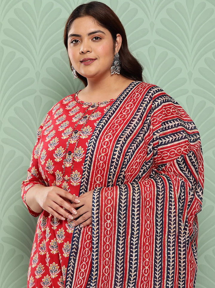 Plus Size Floral Printed Pure Cotton Kurta with Trousers & Dupatta-Yufta Store-1393PSKDRD3XL